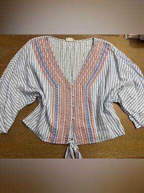 Altar’d State striped V-Neck Tie-Front Blouse with Coral & Blue Embroidery